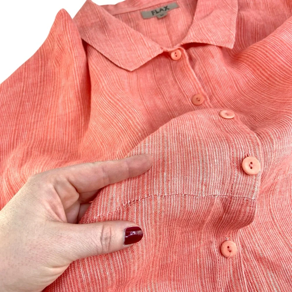 Flax Linen Button Front Shirt in Coral - Picture 2 of 5